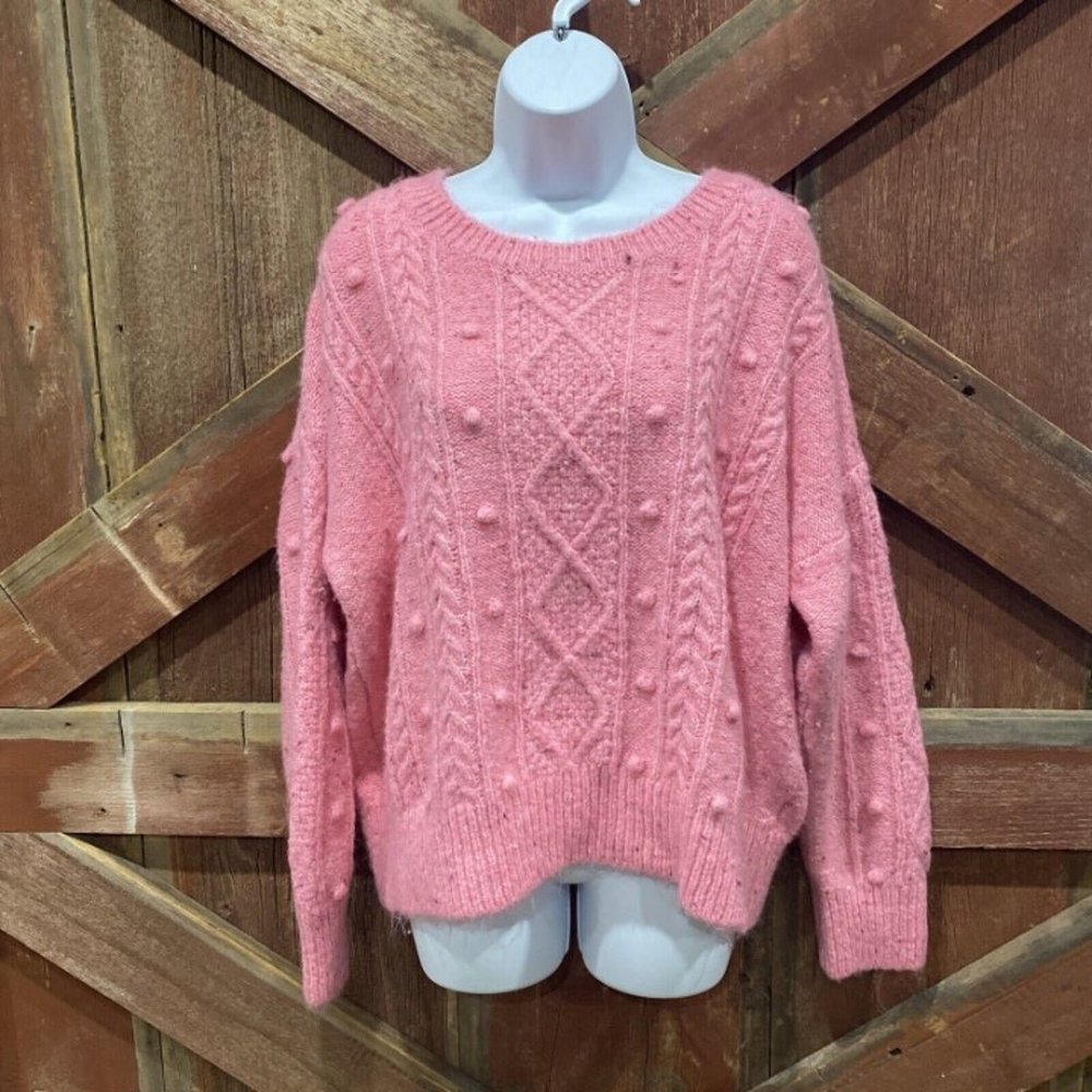 Old Navy Womens Oversized Cable Knit Sweater Sz Medium Bright Pink Festive Craft